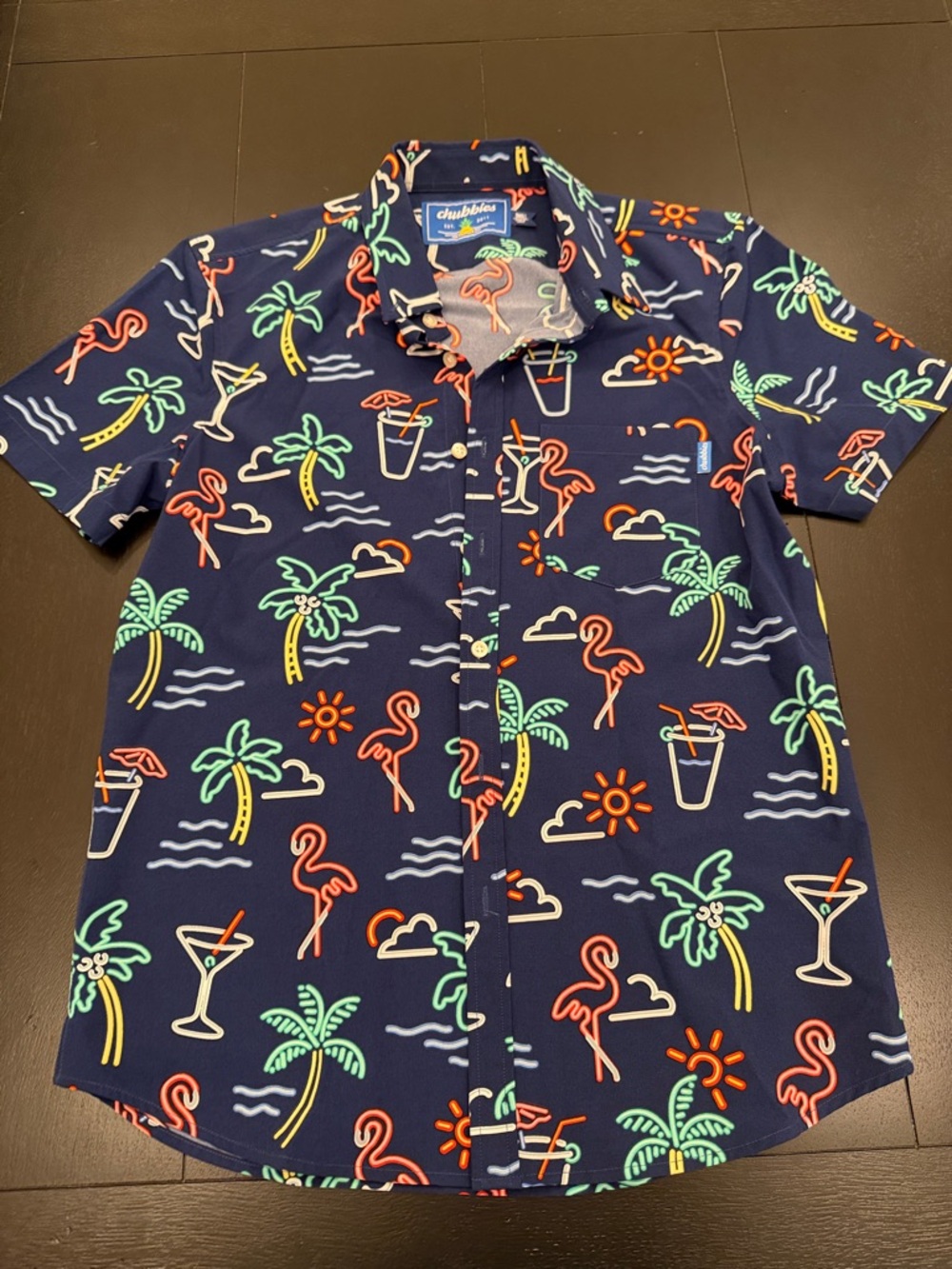 Chubbies The Friday Shirt Navy Neon Tropical Flamingo & Palm Tree - Small